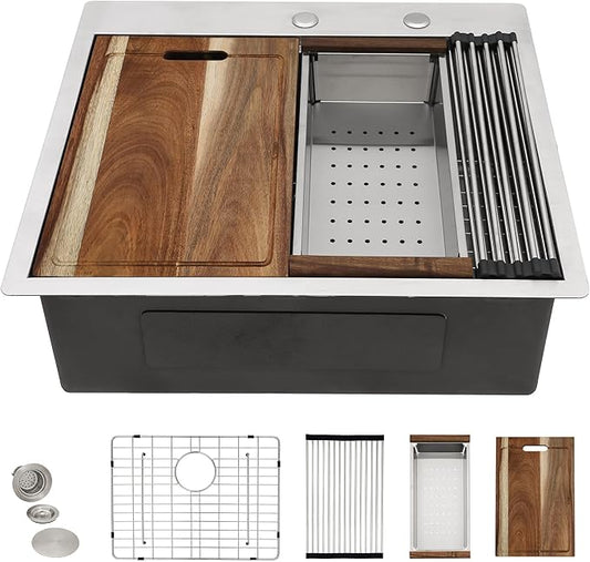25 Kitchen Sink Drop In - Fulorni 25"x22" Kitchen Sink Drop In Topmount Ledge Workstation 16 Gauge Stainless Steel Single Bowl Above Counter Sink Basin