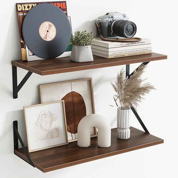 Acovy Floating Shelves for Wall Decor,24" Wx8 D Wall Mount Floating Bookshelf Set of 2,Hanging Storage Shelf with Sturdy Metal Brackets,Wooden Shelf for Living Room,Bedroom,Bathroom,Walnut