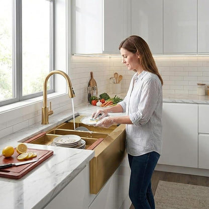 LQS Double Bowl Kitchen Sink, Undermount/Drop In Kitchen Sink, Double Bowl Stainless Steel Kitchen Sinks, 16 Gauge Stainless Steel Handmade Sinks (Gold, 28" x 22" x 10")
