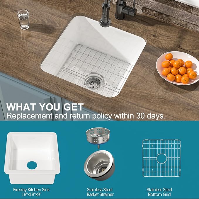 Small Undermount Bar Sink White 18 x 18 Inch, 9" Height Topmount Fireclay Kitchen Sink Drop In Single Bowl, Dual Mount Heavy Duty, w Accessory 2 Types, White, for Kitchen, Outdoor