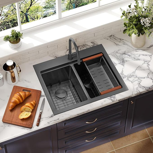MILOSEN 26 Inch Black Double Bowl Kitchen Sink, Black Drop in 16 Gauge T304 Stainless Steel Sinks, Workstation Sink 50/50 Topmount Double Basin with Accessories, 10'' Deep Laundry Outdoor Sinks