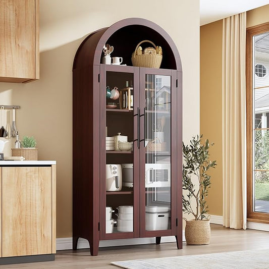 Garvee Arched Kitchen Pantry Storage Cabinet - 5-Tier Open Display Shelf with Glass Doors, Farmhouse Storage Cabinet for Kitchen, Dining Room, Living Room, Walnut