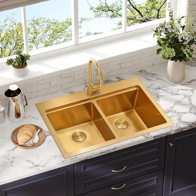 MILOSEN 33 Inch Gold Double Bowl Kitchen Sink, 33''x22'' Gold Workstation Sink 50/50 Topmount Double Basin with Accessories, Drop in 16 Gauge T304 Stainless Steel Sinks, 10'' Deep and Large Sinks