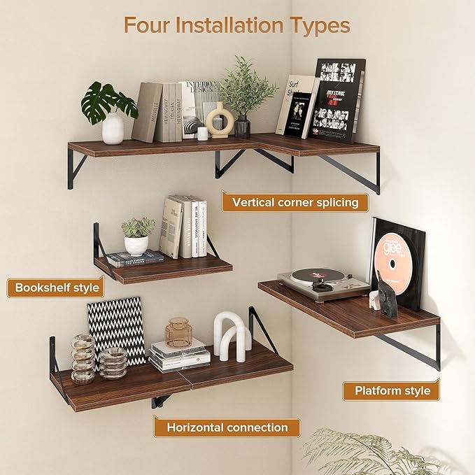 Acovy Deep Floating Shelves Wall Mounted, 30"x12" Walnut Wall Shelves with Brackets Set of 2 for Bedroom, Living Room, Bathroom, Kitchen, Office - Storage & Display Shelf for Decor, Books, Plants