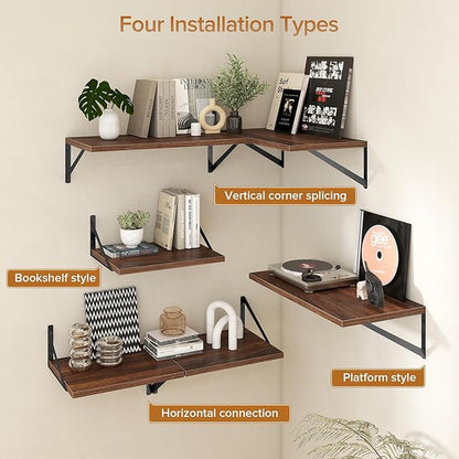 Acovy Deep Floating Shelves Wall Mounted, 48"x12" Walnut Wall Shelves with Brackets Set of 2 for Bedroom, Living Room, Bathroom, Kitchen, Office - Storage & Display Shelf for Decor, Books, Plants