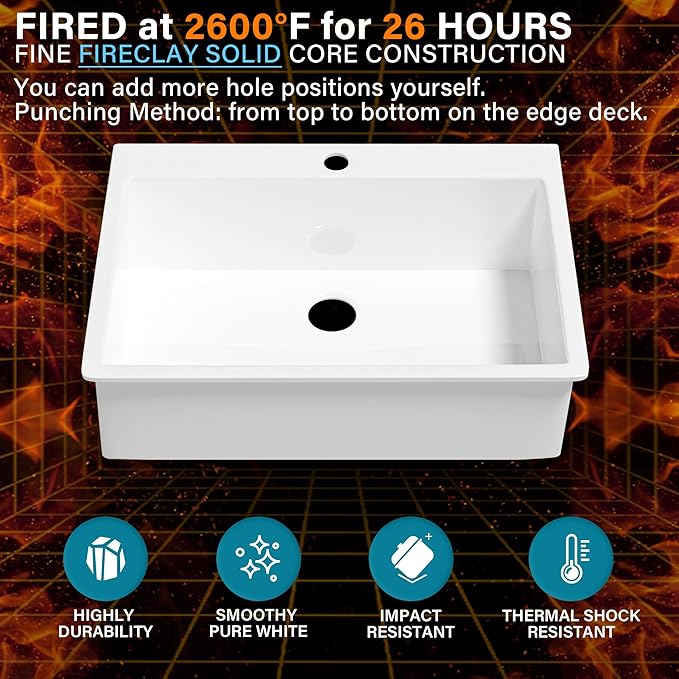 33x22 Drop In Kitchen Sink White 1 Hole, 33 Inch Topmount Fireclay Sink Drop In Single Bowl, Heavy Duty Large Capacity Deep Basin, w 2 Custom Accessories, Pure White, for Kitchen