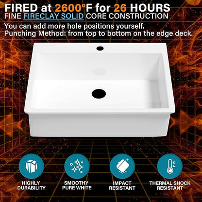 33x22 Drop In Kitchen Sink White 1 Hole, 33 Inch Topmount Fireclay Sink Drop In Single Bowl, Heavy Duty Large Capacity Deep Basin, w 2 Custom Accessories, Pure White, for Kitchen