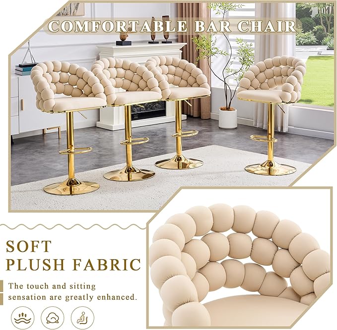 Set of 2 Beige Puffy Bubble Chair Ball Chain Chair Velvet Bar Stools with Gold Legs, Tufted Adjustable Bar Chairs for Kitchen Island Home Bar
