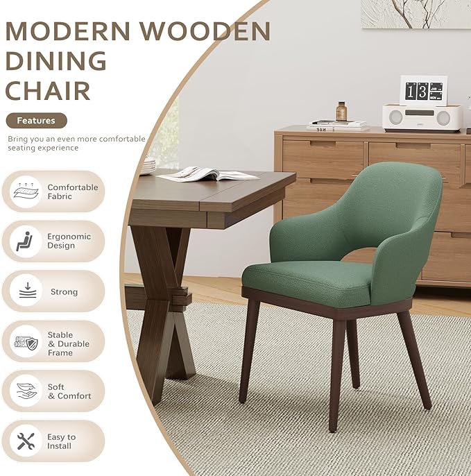 MALOL Wooden Dining Chairs Set of 6, Modern Fabric Upholstered Dining Room Chair, Kitchen Side Chairs, Farmhouse Dinner Chair with Open Back for Kitchen, Green