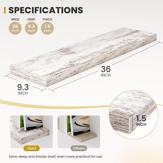 Acovy 36 Inch Floating Shelves, 9.3" Deep Floating Shelf Wall Mounted, 36" Wall Shelves, Rustic Deep Bookshelf, Large Display Shelves & Storage Shelves for Bedroom, Living Room, Rustic, Set of 2