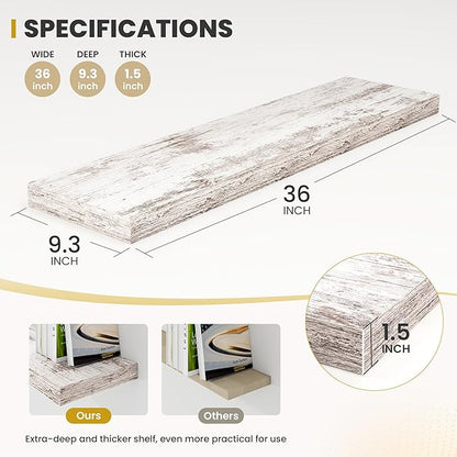 Acovy 36 Inch Floating Shelves, 9.3" Deep Floating Shelf Wall Mounted, 36" Wall Shelves, Rustic Deep Bookshelf, Large Display Shelves & Storage Shelves for Bedroom, Living Room, Rustic, Set of 2