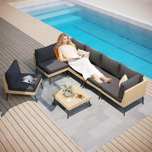 Aoxun 7-Piece Patio Furniture Set, Wicker Outdoor Furniture with Water Resistant Thick Cushions, Patio Conversation Set Outdoor Sectional Sofa with Coffee Table for Backyard Poolside, Black
