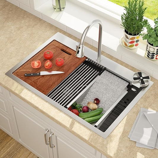 Lordear 33 Drop In Kitchen Sink with Faucet 33x22 Inch Waterfall Kitchen Sinks Topmount Stainless Steel 16 Gauge Single Bowl Workstation Smart Sink
