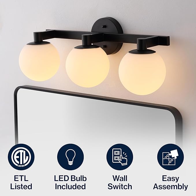 JONATHAN Y 24" Black/White Modern Globe LED Vanity Wall Sconce Light, White Frosted Glass Shade, Mid-Century Art Deco Wall Lamp for Bathroom, Kitchen, Hallway (JYL3542B)