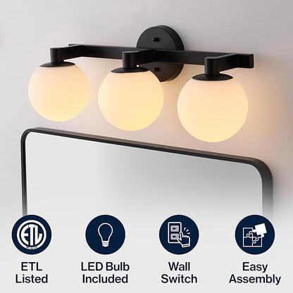 JONATHAN Y 24" Black/White Modern Globe LED Vanity Wall Sconce Light, White Frosted Glass Shade, Mid-Century Art Deco Wall Lamp for Bathroom, Kitchen, Hallway (JYL3542B)