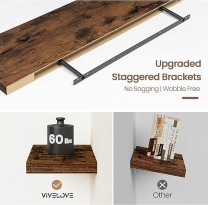 Vivelove Floating Shelves for Wall Mounted, 55 Inches Long Shelves, Display Shelf for Bathroom Living Room Kitchen Bedroom Office Farmhouse Home Decor, 55" X 9.3" X 1.5" - Set of 2, Rustic Brown