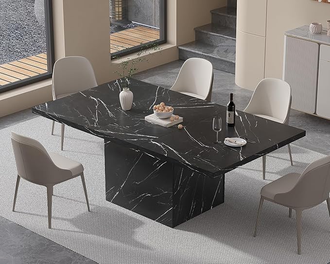 HSH Black Faux Marble Dining Table, 63 inch Modern Dinner Table for 6 Person, Farmhouse Rectanglur Kitchen Table for Living Room, Long Wood Dining Room Tables with strong Pedestal, Black Marble, 63 In