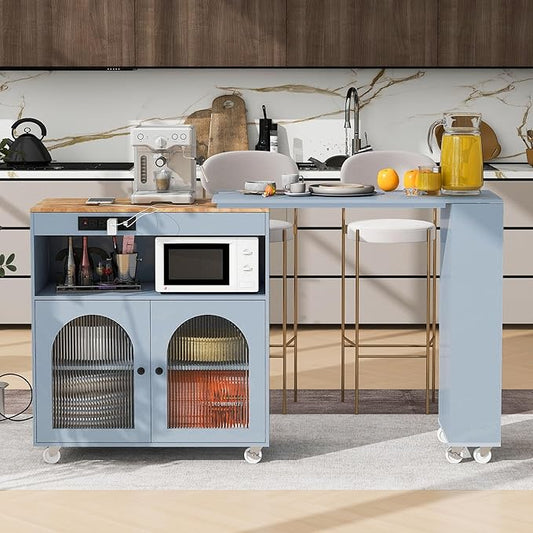 Kitchen Island Cart with Extended Table, Rolling Kitchen Island on Wheels with LED Lights&Power Outlets&Storage Compartment, Side Table with 2 Fluted Glass Doors and 3 Open Shelves,Grey Blue