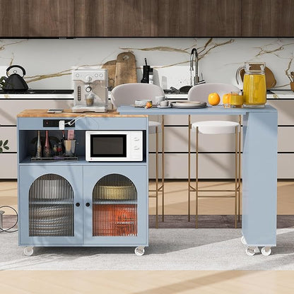 Modern Dining Table with Kitchen Island on Wheels Expandable Wood Table with Counter Console Living Room Luxury Decor,Blue-MDF