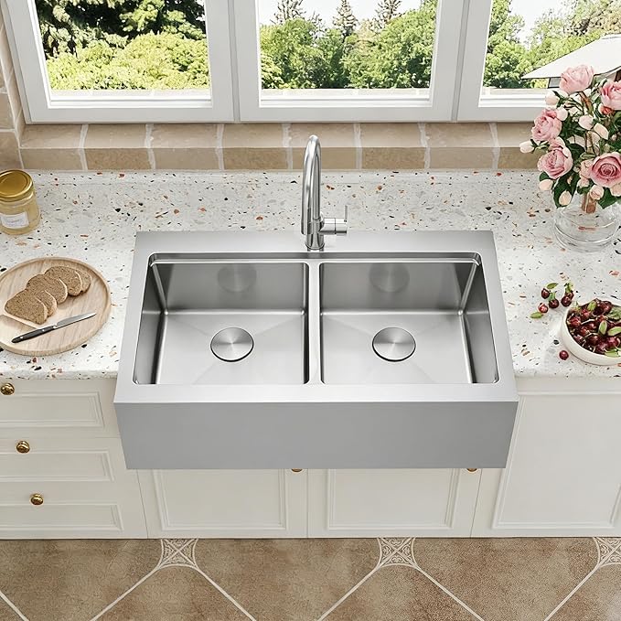 Farmhouse Kitchen Sink 33 x 22 Drop In, 50/50 Double Bowl Farm Sinks, 16 Gauge Stainless Steel Workstation Sink with Ledge & Accessories, 33" x 22" x 10" Large and Deep Double Sink