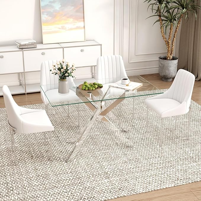 51.18" Rectangular Glass Dining Table, Tempered Glass Small Kitchen Table with Metal Tubular Legs, Stylish and Sturdy Silver Dinner Table for Home and Outdoor