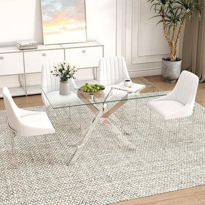 51.18" Rectangular Glass Dining Table, Tempered Glass Small Kitchen Table with Metal Tubular Legs, Stylish and Sturdy Silver Dinner Table for Home and Outdoor