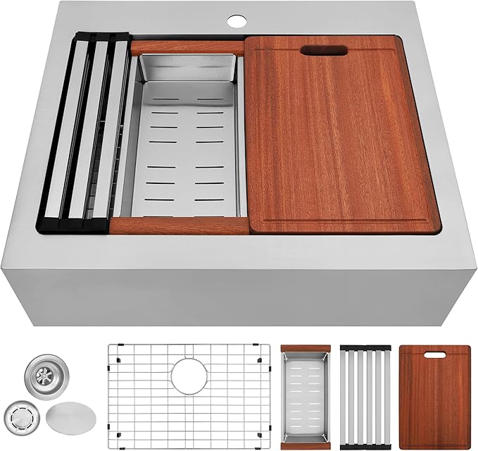 26 Inch Farmhouse Sink, 16 Gauge 304 Stainless Steel Farm Sinks, Drop In Topmount Single Bowl Workstation Sink with all Accessories, 26" x 22" x 10" Deep Kitchen Sink
