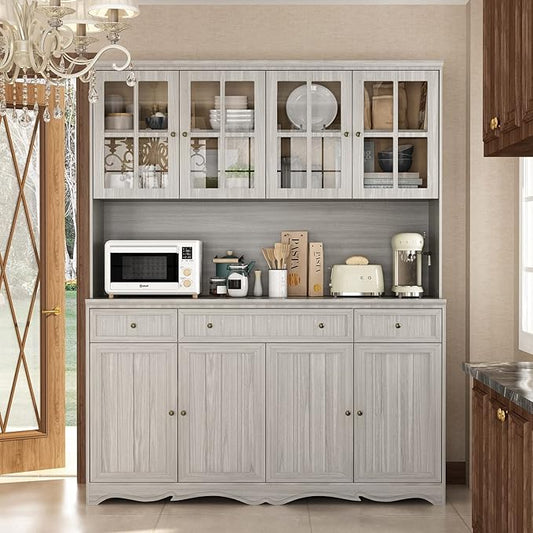 FUFU&GAGA 74.8" Tall Kitchen Pantry Cabinet with 5 Tiers Shelf, 8 Doors & 3 Drawers & Microwave Stand, Freestanding Hutch Cabinet with Buffet Cupboard for Kitchen, Dinningroom