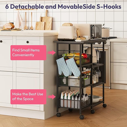 SWTYMIKI Kitchen Island Cart on Wheels - 28.35x14.57in Rolling Kitchen Table Cart with Storage Shelves, 6 Removable Hooks& Locking Casters, Coffee Bar Cabinet for Dining Room Pantry Office, Black