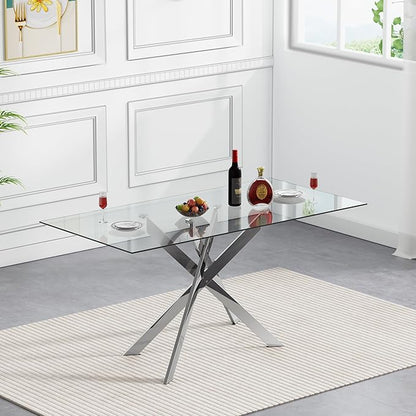 Silver Glass Dining Table for 4 Modern 51.2" Rectangular Kitchen Dining Room Table for 4 with X-Shape Metal Base Large Clear Glass Top Dining Tables for Home Kitchen