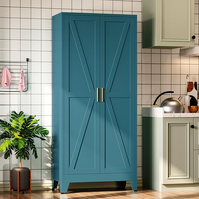 Bevivog 71" Tall Storage Cabinets, Farmhouse Metal Cabinet Bookshelf with 2 Doors and 4 Adjustable Shelves, Blue Kitchen Pantry Cabinets for Kitchen Living Room, Home Office, Laundry, Bathroom