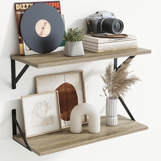 Acovy Floating Shelves for Wall Decor,24" Wx8 D Wall Mount Floating Bookshelf Set of 2,Hanging Storage Shelf with Sturdy Metal Brackets,Wooden Shelf for Living Room,Bedroom,Bathroom,Grey