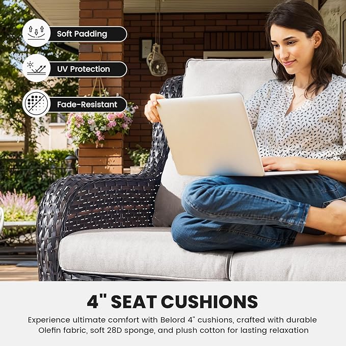 Belord Patio Wicker Sofa Set 6 Pieces Patio Furniture Set Outdoor Couch, 2 Patio Wicker Chairs with 1 Sofa, Coffee Table and Ottomans, Patio Conversation Set for Porch Garden Deck Balcony Poolside