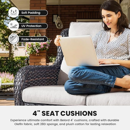 Belord Patio Wicker Sofa Set 6 Pieces Patio Furniture Set Outdoor Couch, 2 Patio Wicker Chairs with 1 Sofa, Coffee Table and Ottomans, Patio Conversation Set for Porch Garden Deck Balcony Poolside