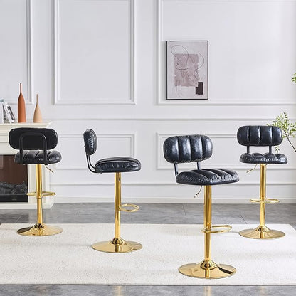 Set of 2 Bar Stools with Adjustable Height, Black PU Leather Upholstered Stools with Gold Metal Base Footrest for Kitchen Island, Home Bar, Game Room