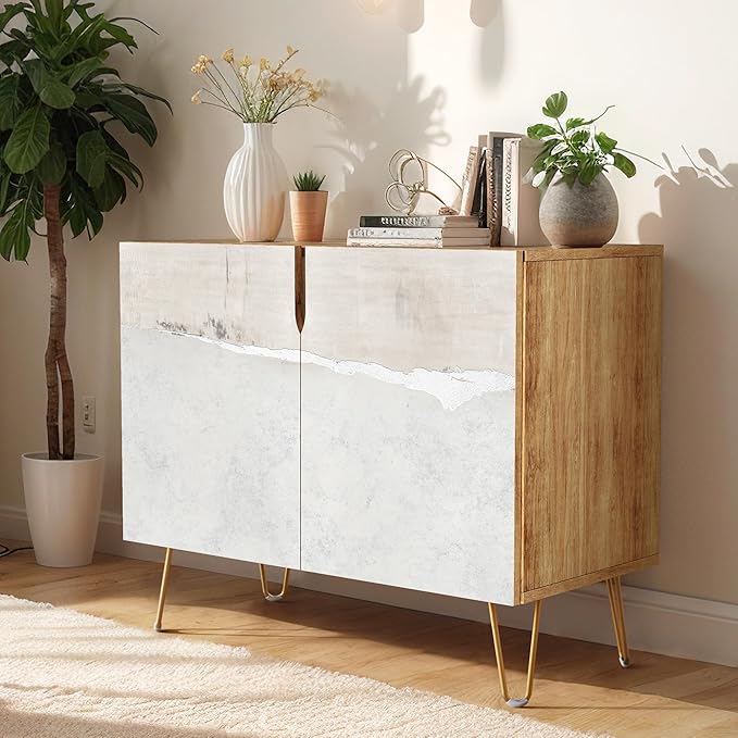SIGNWIN Sideboard Buffet Cabinet, Kitchen Storage Cabinet with 2 Doors, Grunge Industrial Gray Landscape, Cupboard Console Table for Dining Room - 35" L x 18" W x 29" H