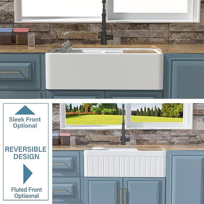 Double Bowl Farmhouse Sink Workstation White 33 x 20 Inch, Firecaly Apron Front Undermount Farm Sink Reversible(Sleek & Fluted Optional), Heavy-duty Dual Basin 50/50, for Kitchen