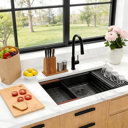 Kitsitchen Black Undermount Kitchen Sink,16 Gauge T-304S Stainless Steel Workstation Sink,33“ x 19"x 9" Large and Deep Single Bowl Kithchen Sink with Practical Accessories