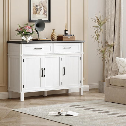 48 Inches Buffet Cabinet with Storage, Farmhouse Sideboard Buffet w/2 Drawers and 3 Doors, Wood Coffee Bar Cabinet with Adjustable Shelves, Sideboard Storage for Kitchen, Living Room, Off White&Black