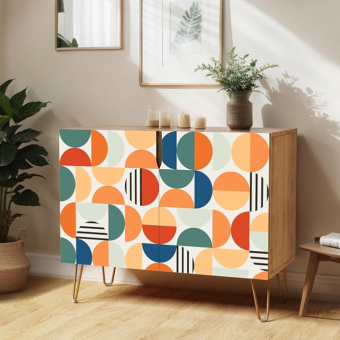 SIGNWIN Sideboard Buffet Cabinet, Kitchen Storage Cabinet with 2 Doors, Orange & Blue Retro Polygon Pattern, Cupboard Console Table for Dining Room - 35" L x 18" W x 29" H