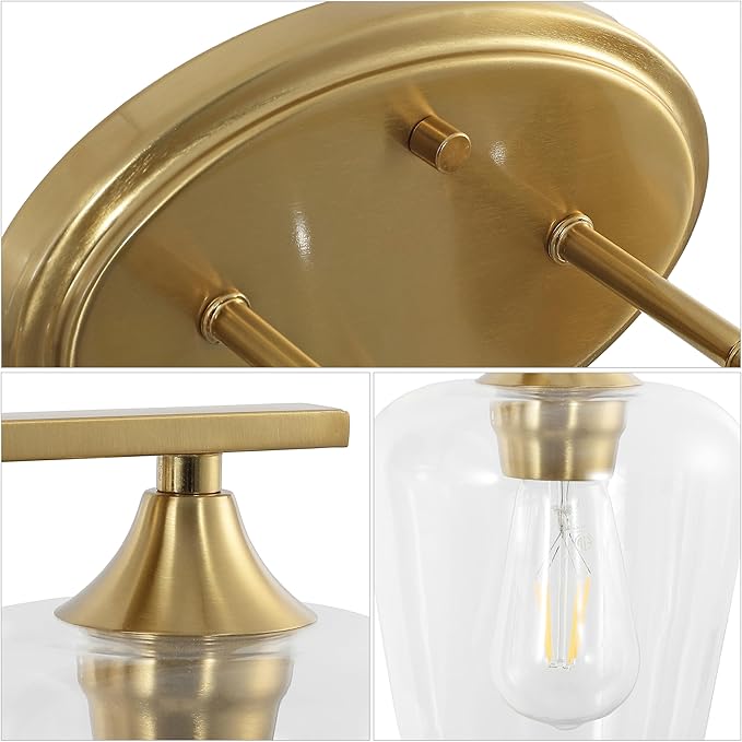 JONATHAN Y 23" Brass Gold 3-Light Farmhouse Rustic LED Vanity Light Sconce, Clear Glass Shade, Vintage Indoor Fixture for Bathroom Mirror, LED Bulb Included (JYL7547B)