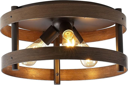 JONATHAN Y 16" Dark Brown Wood and Oil Rubbed Bronze 3-Light Iron Flush Mount, Farmhouse Industrial Round Ceiling Light for Kitchen Bedroom Hallway, LED Bulbs Included JYL1305A