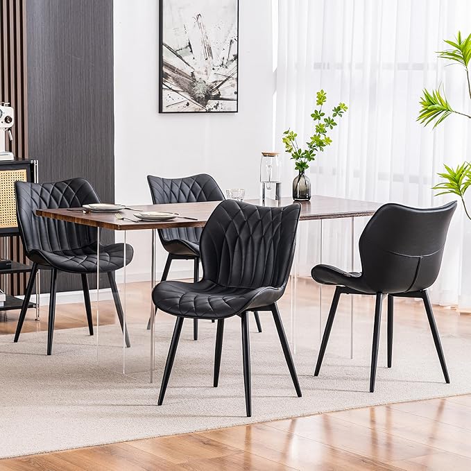 Kidol & Shellder Dining Chairs Set of 2, PU Leather Upholstered Kitchen Chairs with Back Armless, Mid Century Modern Side Chair for Dining Room, Living Room, Lounge, Restaurant, Black