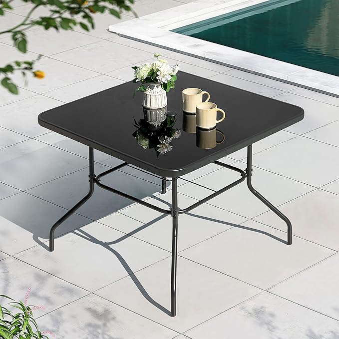 NUU GARDEN 31.5'' Square Outdoor Table, Patio Table with Umbrella Hole, Patio Dining Table with Tempered Glass, Outdoor Dining Tables, Square Patio Table for Balcony, Backyard, Poolside,Black