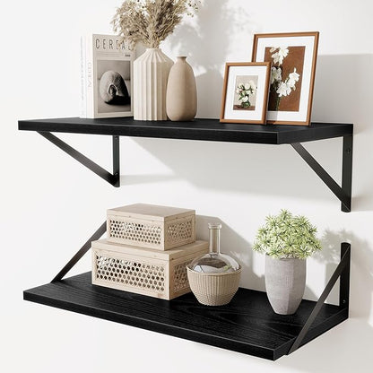 Acovy Deep Floating Shelves,24" Wx10 D Floating Shelf for Wall Set of 2,Hanging Storage Shelf with Metal Brackets,Wide Display Wall Shelves for Living Room,Bedroom,Bathroom,Kitchen,Black