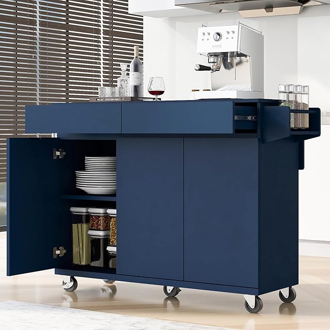53.2'' Rolling Kitchen Island Cart with Drop Leaf and Adjustable Shelves,Spice Rack, Towel Rack and 2 Drawers,for Kitchen Living Room Dining Room (Navy Blue@u)