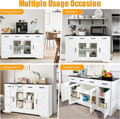 Sideboard Buffet Cabinet with Storage, 55" Large Kitchen Buffet Table with Glass Doors and Shelves, Modern Farmhouse Coffee Bar Cabinet for Kitchen Dining Living Room