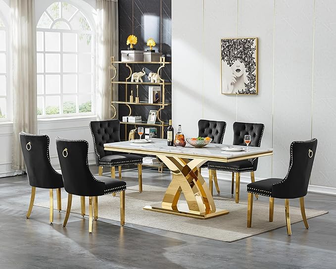 68" Faux Marble White Dining Table for 6-8, Modern Dining Room Table with 0.71" Marble Printing MDF Top and X-Shaped Gold Stainless Steel Base, Rectangle Kitchen Dinner Table