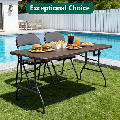 Folding Table 5FT Heavy Duty Plastic Table with Handle, Foldable and Portable, Fold-in-Half Utility Tables for Outdoor, Dining, Wedding, Events, Indoor, Picnic, Camping, Party, (Brown)