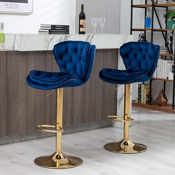 Rhomtree 24-33 Inch Swivel Bar Stools, Adjustable Counter Height Barstools, Velvet Tufted Back and Golden Footrest, Bar Chairs for Kitchen Island, Cafe, Bar, Bar Counter, Coffee(Navy Blue Set of 2)